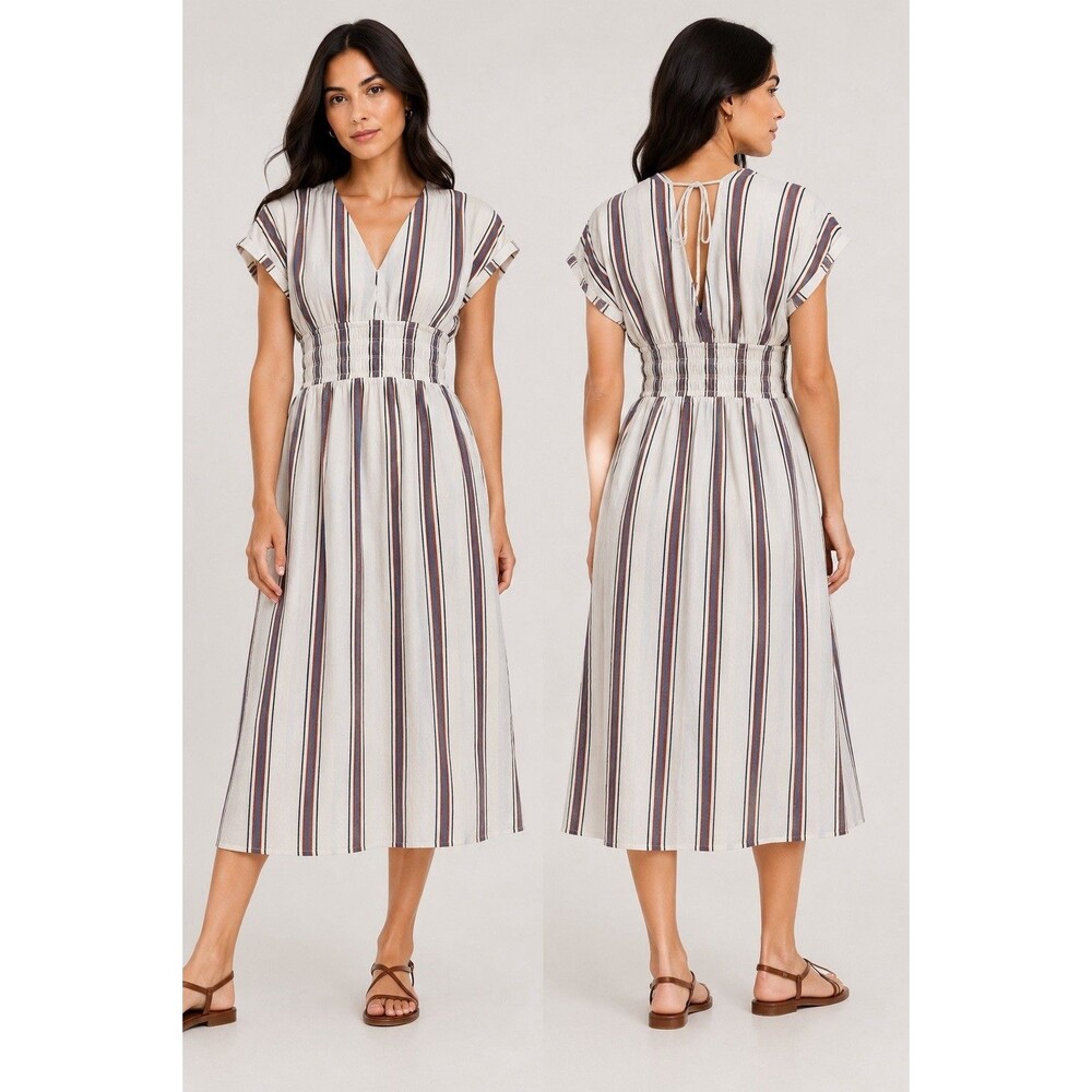 LOFT Beach NEW Long Striped Smocked Waist Dress Coastal Boho 100% Cotton XL - Picture 2 of 7